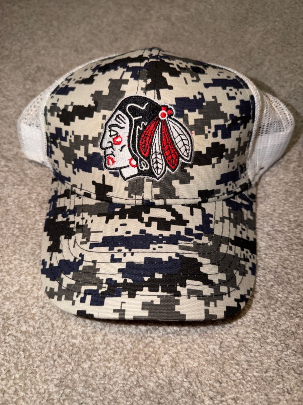 Camo Trucker Hat with Embroidered Native Motif - Black, White & Red